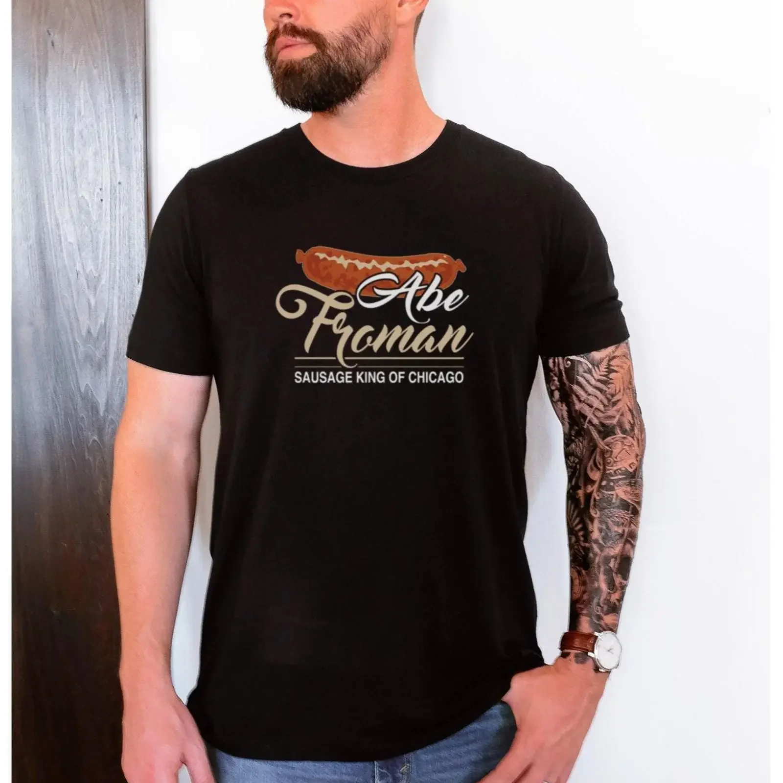 Camiseta vintage estilo jersey con diseño de Abe Froman, el rey de las salchichas de Chicago, inspirada en Ferris Bueller, ideal para el Día del Padre, con efecto lavado y estilo elegante para uso diario.