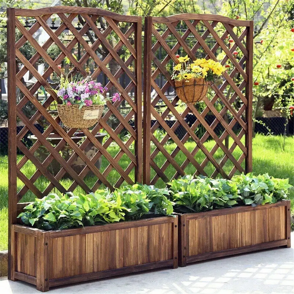 Rustic Wooden Raised Garden Bed Vegetable Planter Grid Box With Climbing Trellis