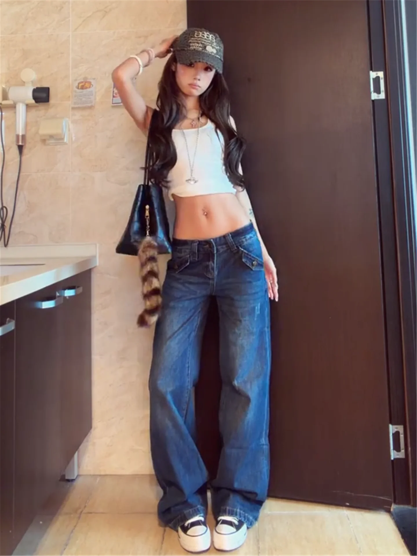 

American Retro Blue Millennium Spicy Girl Low Waist Straight Leg Jeans Women Loose Slimming Design Sense Floor Length Pants