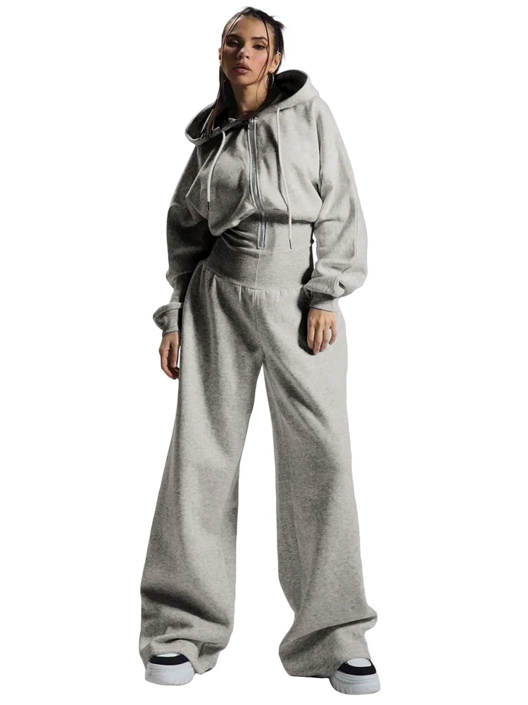 JENYAGE Damen Trendiger, weicher, dehnbarer, mit Fleece gefütterter, einfarbiger, langärmliger, kurzer Overall mit weitem Bein und Kapuze, Kordelzug, lässige Loungewear – Detail 14