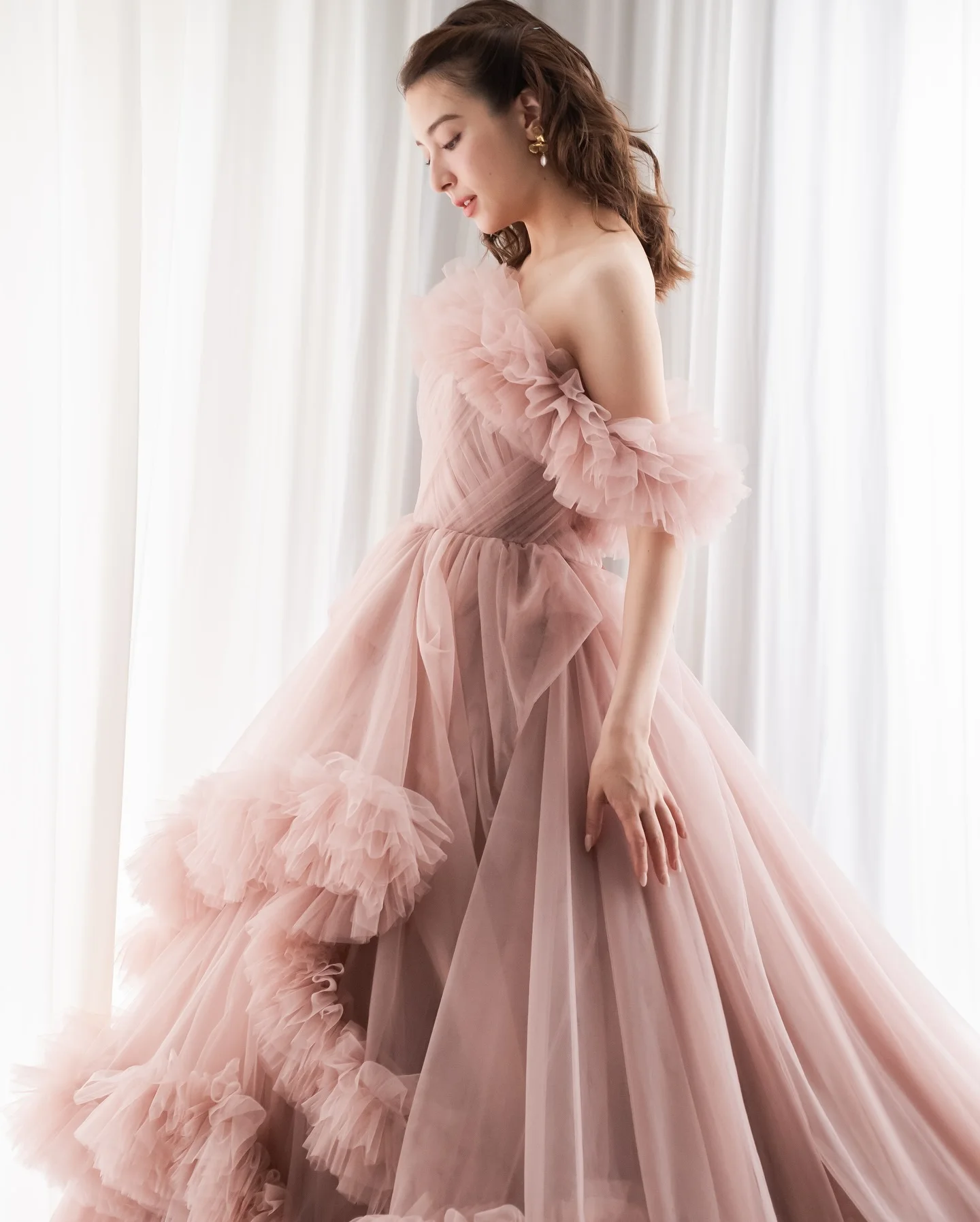 Lindo empoeirado rosa inchado tule vestidos de noiva vestido de casamento plissado em camadas malha noiva photoshoot vestido longo vestidos de festa à noite