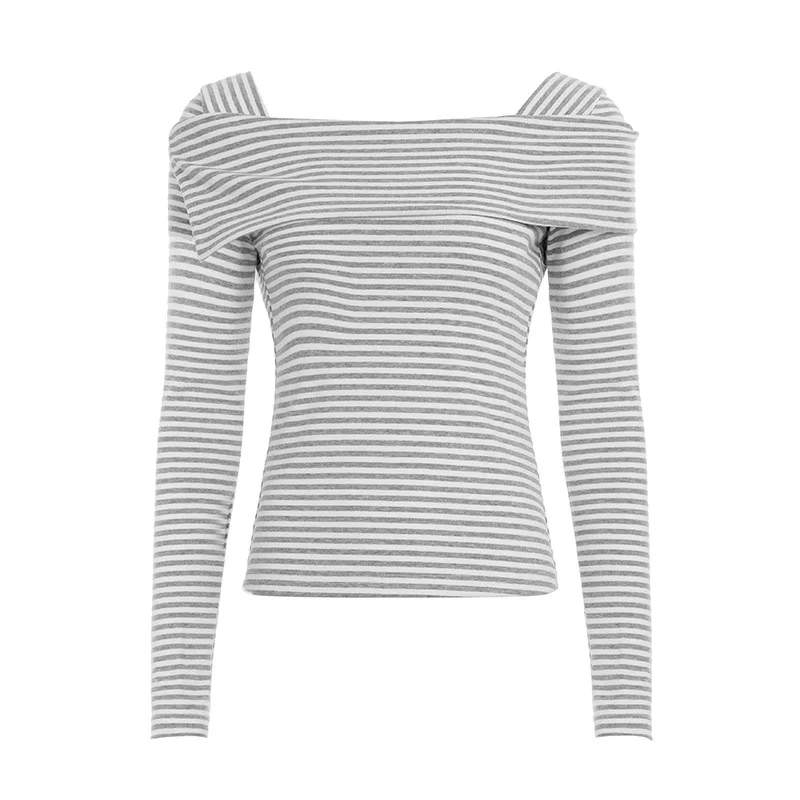 

Korean Style Turn-Down Collar Slim Fit Women T-Shirts Striped Fashion Causal Simple Chic Blouses