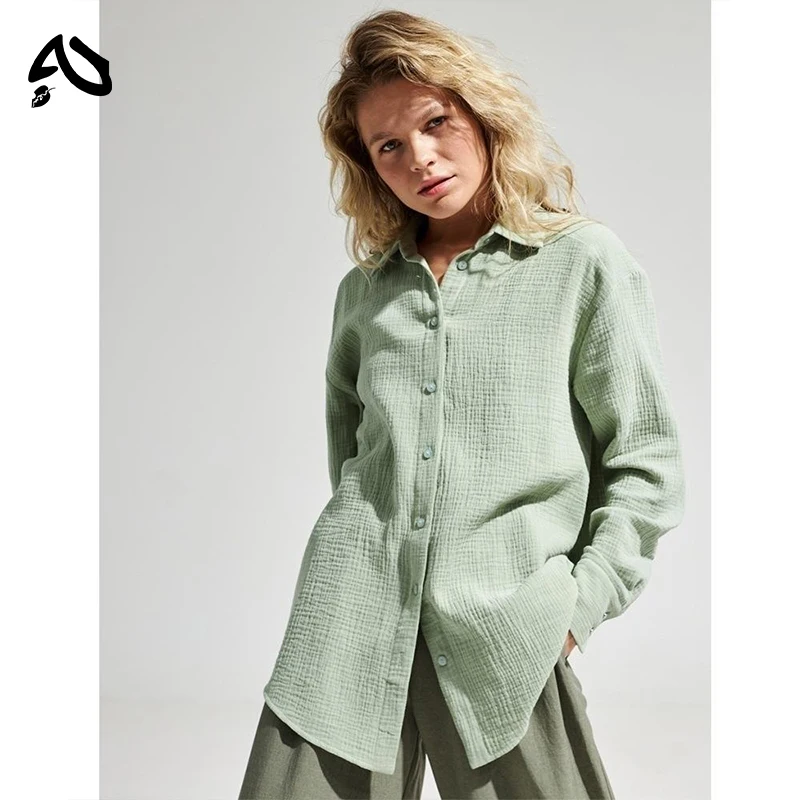 Original Muslin 100% Cotton Shirt Causal Soild Loose Womens Tops Button Long Sleeve Elegant Shirts And Blouses Festival Gifts