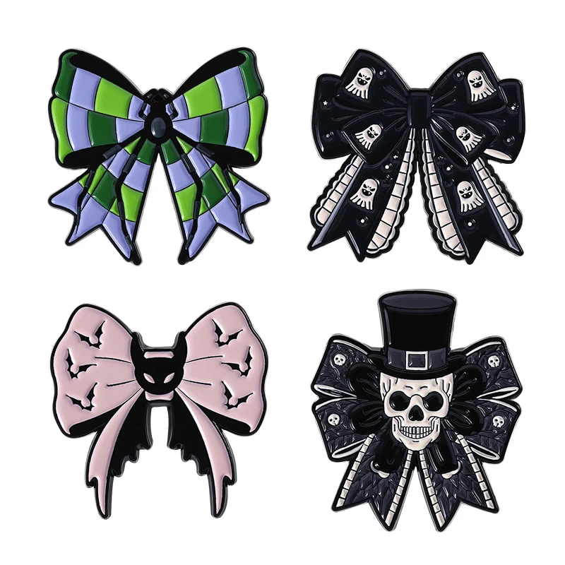 Punk Skull Bat Bowknot Brooch Enamel Pins Terrifying Skeleton Spider Bowknot Brooches Backpack Lapel Badge Halloween Jewelry Pin