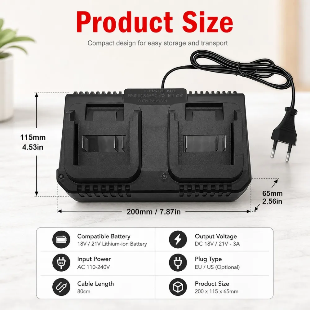 Dual Slot Charger 18V 21V Li-ion Battery Charger for Makita BL1415 BL1815 BL1830 BL1850 Electric Drill Power Tools EU US Plug view 6