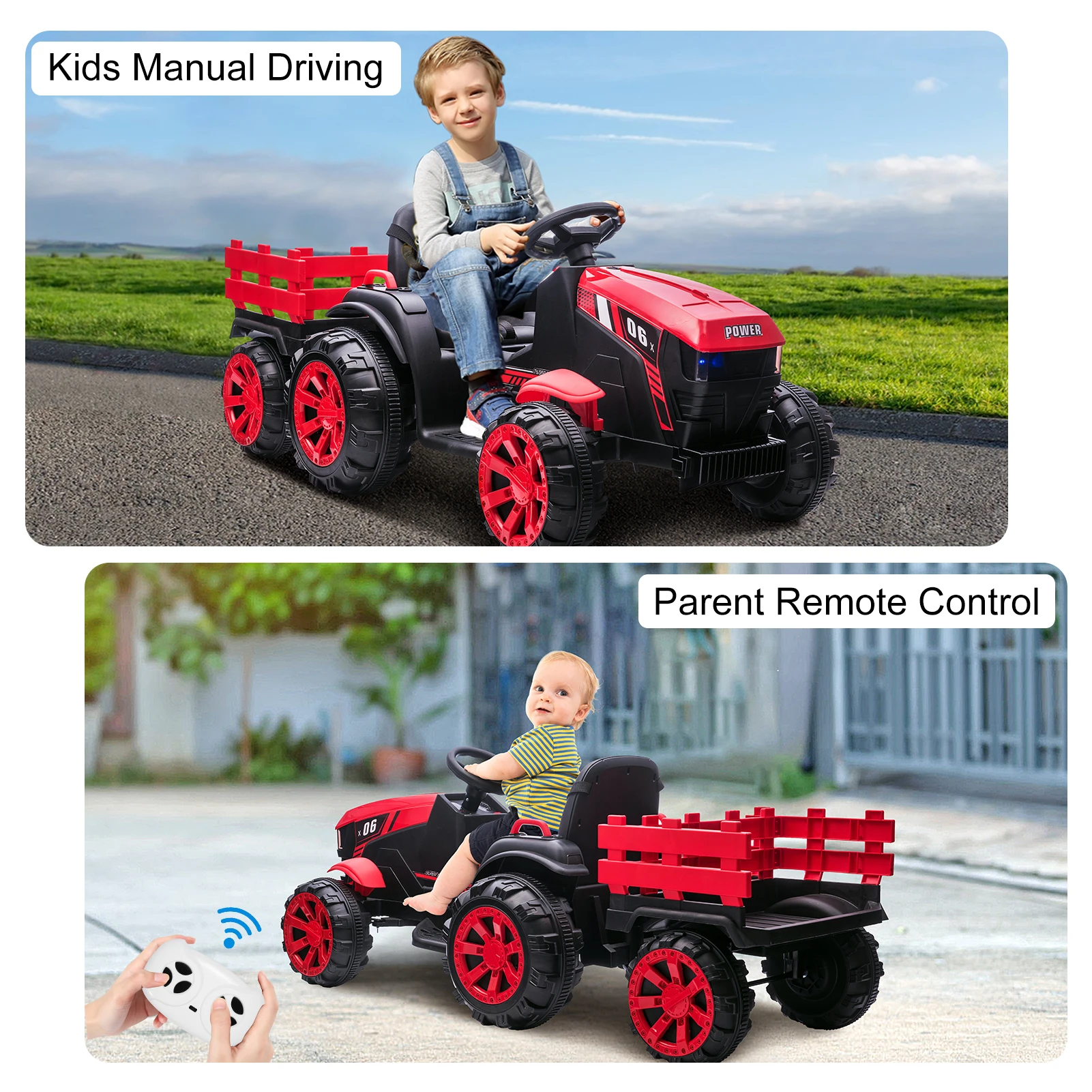Kids Ride On Tractor with Trailer, 12V Battery Powered Electric Car Vehicle Toys with Dual Motors, Remote Control for Boys Girls