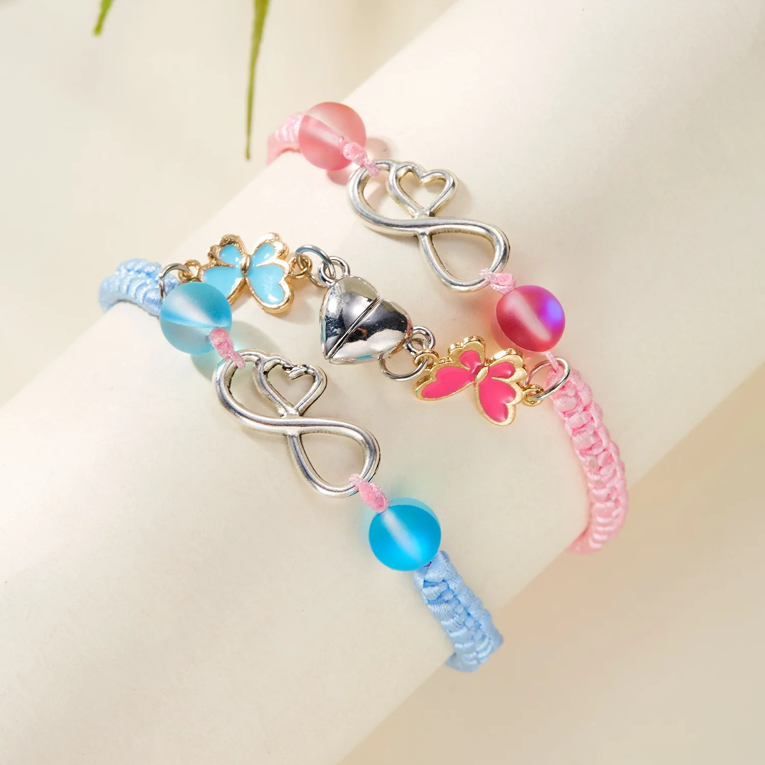 2pcs Daisy Butterfly Charm Bracelets Pink Blue Rope Heart Magnetic Matching Bracelets Valentine'S Day Jewelry Gift For Couples