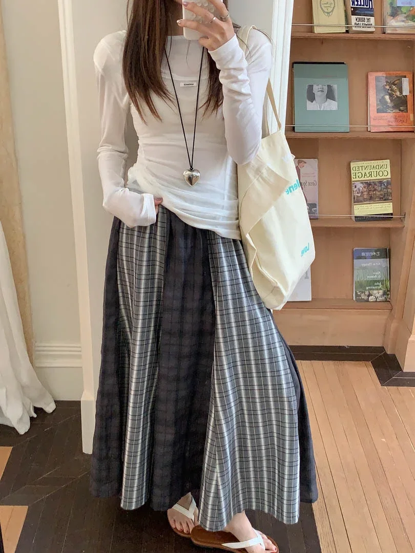

High Elastic Waist Gray Plaid Spliced Vintage A-line Half-body Skirt Women Fashion Tide New Spring Autumn 2025