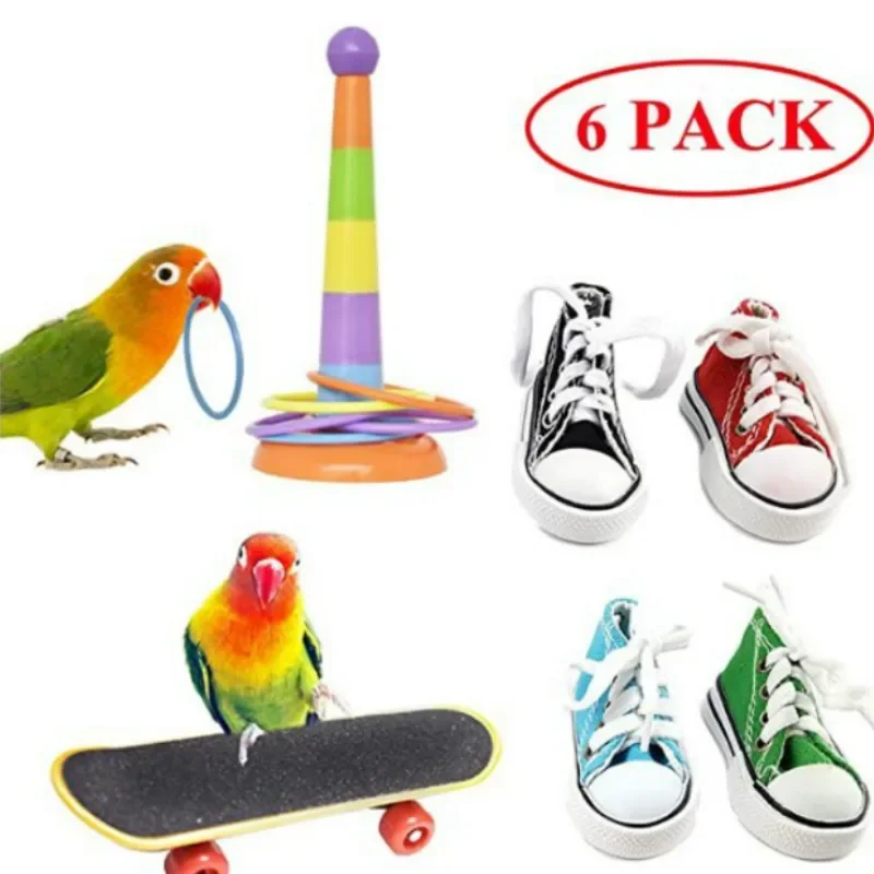 6-Piece Parrot Toy Pet Bird Toy Set with Skateboard, Mini Shoes, Ring Throwing Toy, etc.