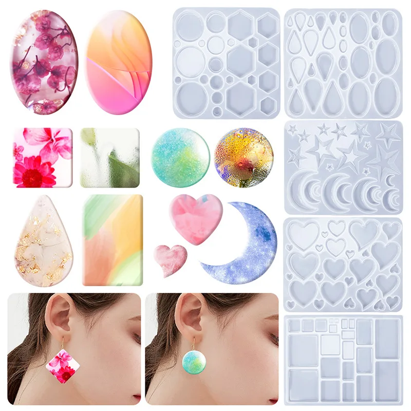 diyCrystal Glue Three-Dimensional Patch Pendant Earrings Mold Round Square Five-Pointed Star Moon Heart-Shaped Eardrops