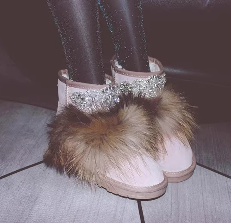 Winter Real Fur Bling Rhinestone Beading Decor Snow Boots Thick Sole Slip On Suede Boots Woman Warm Fur Ankle Booties