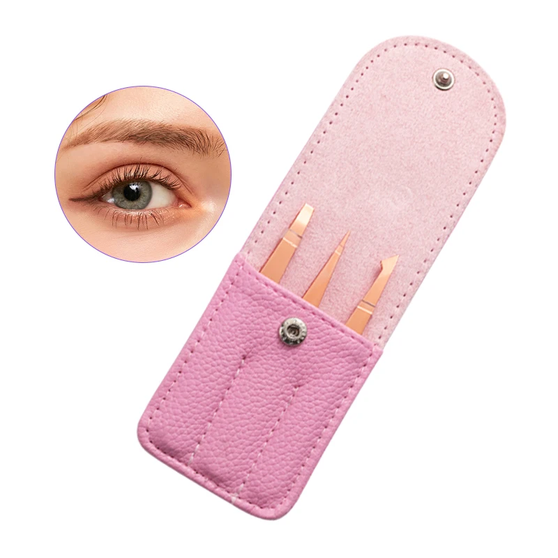 Rose Gold Eyebrow Tweezers 3Pcs Set with Leather Case Stainless Steel Professional Beauty Tool