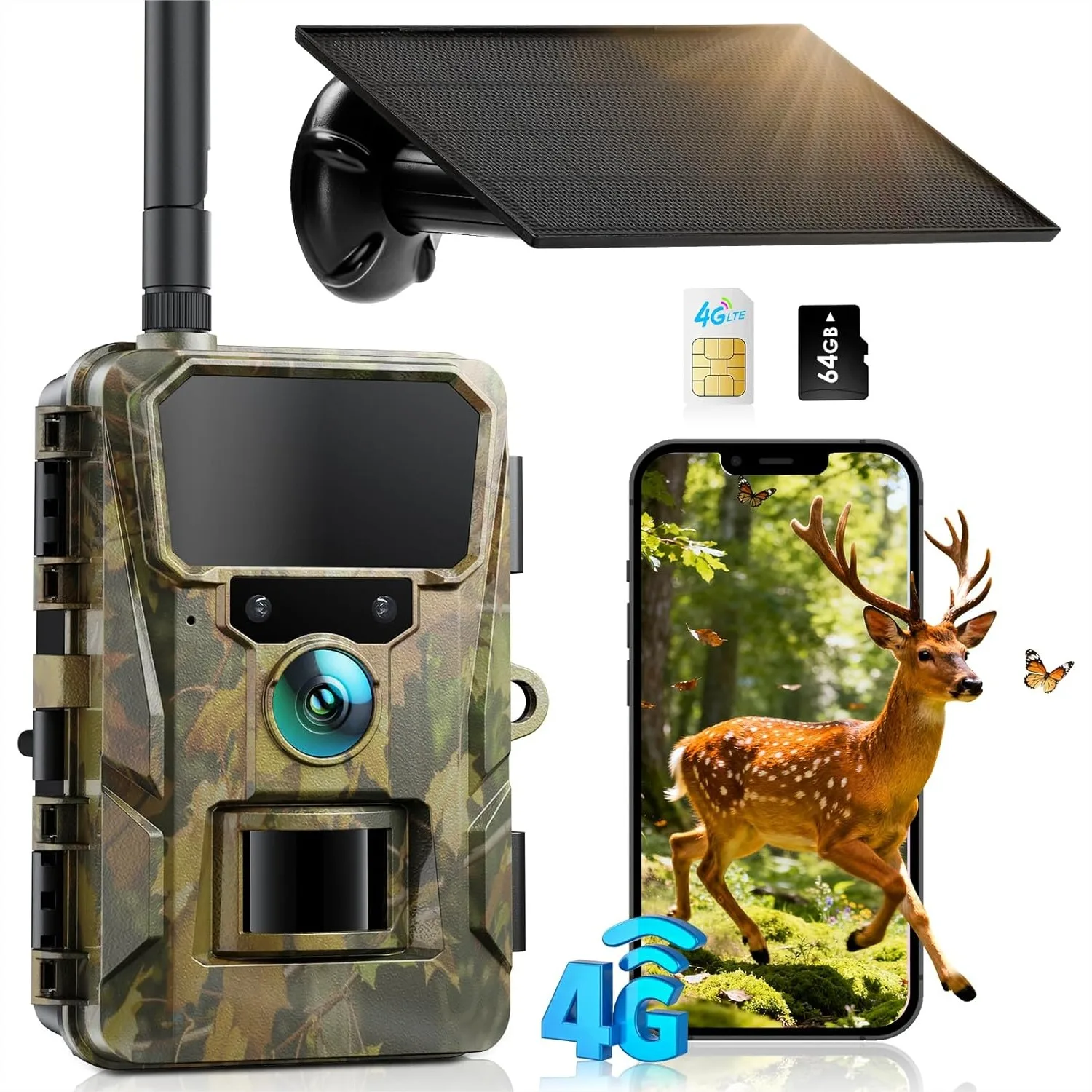 

Trail Camera with 64GB TF Card, 4G LTE Cellular Trail Camera 5200mAh Battery, 2K HD Live Streaming, Solar Powered Night Vision