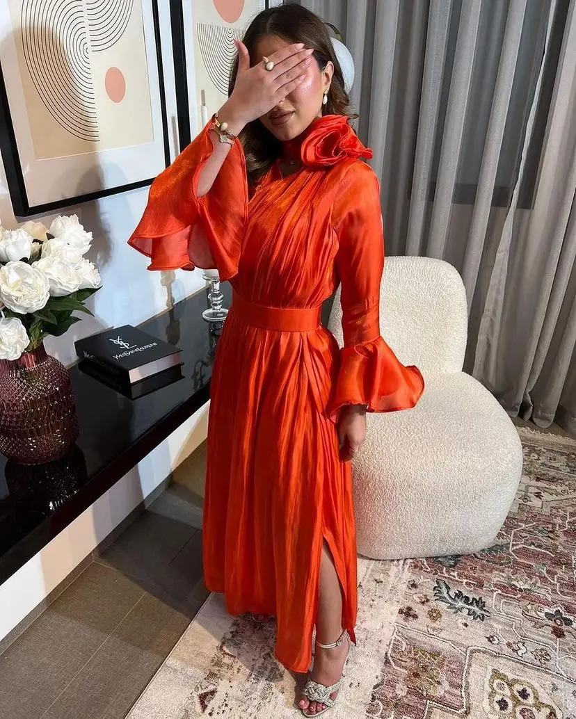 

Sapmae V-neck Full Sleeve Ruffle Embroidery Orange Floor-length ZIpper Up Elegant Prom Formal Evenning Party Dress For Women