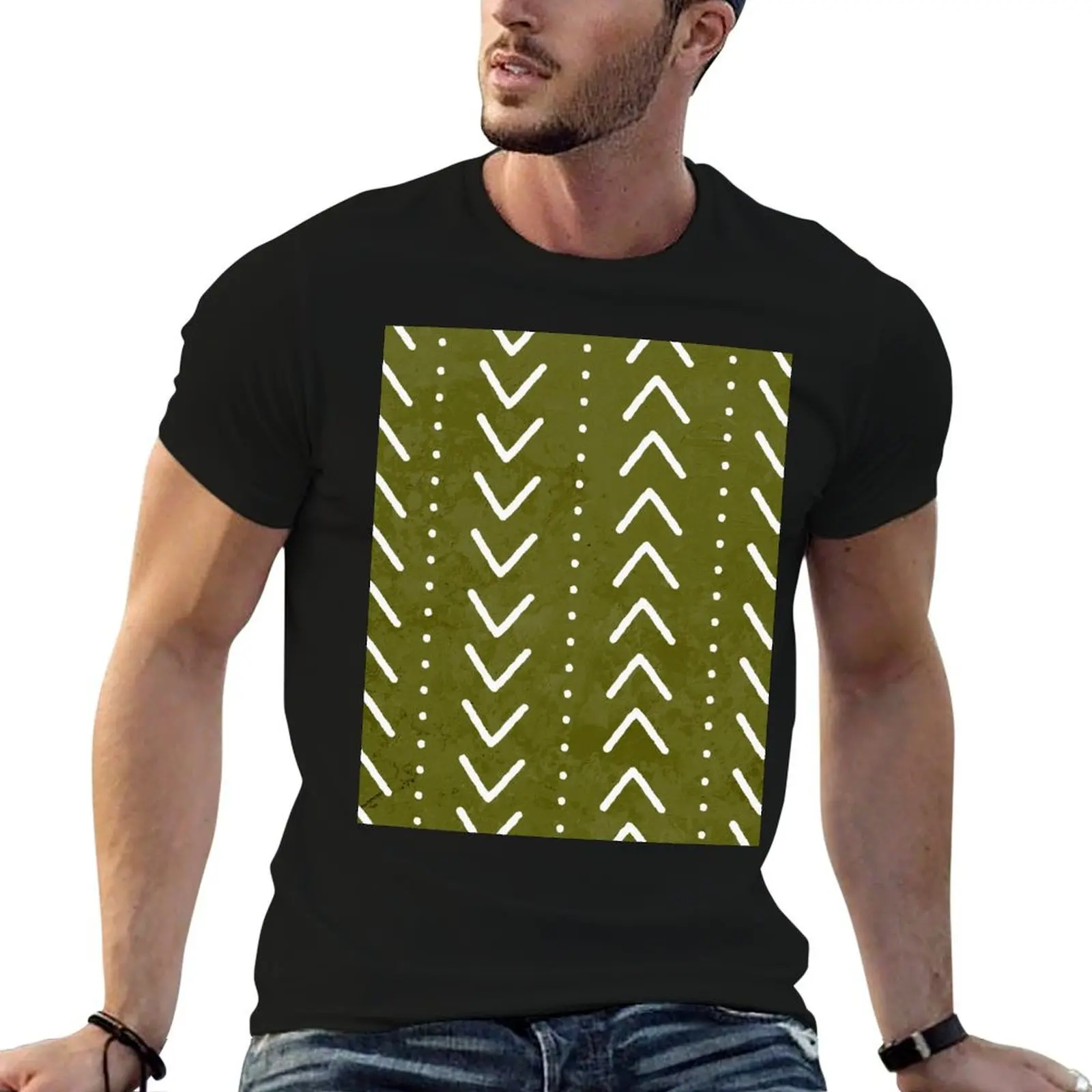 

Arrows shirts for 100% man graphic t tshirt Green T-Shirt vintage Mudcloth Olive cotton Pattern
