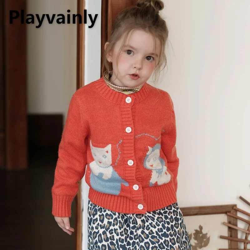 

Vintage Cute Cat Embroidery Girls Versatile Sweater Autumn Winter Round Neck Cardigan Christmas New Year Kids Knitted Coat W4764