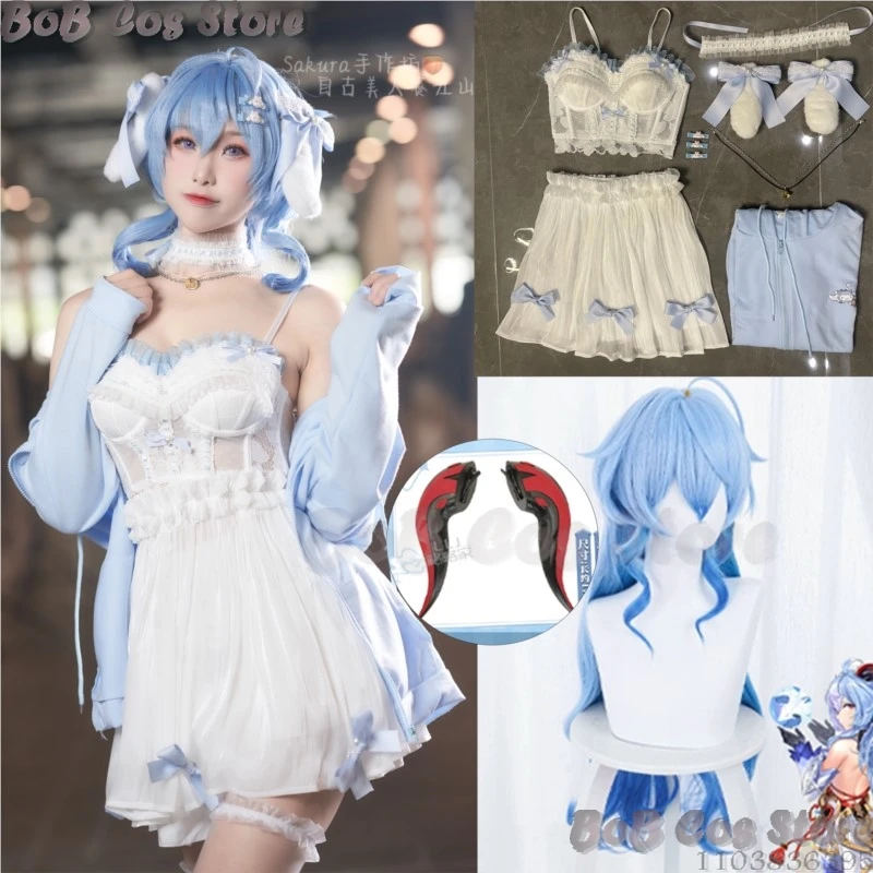 Ganyu Daily Suit Cosplay Costume Game Genshin Impact Cute Girl Blue Dog Coat Sexy Dress Fishbone Underwear Horn Wig Customized