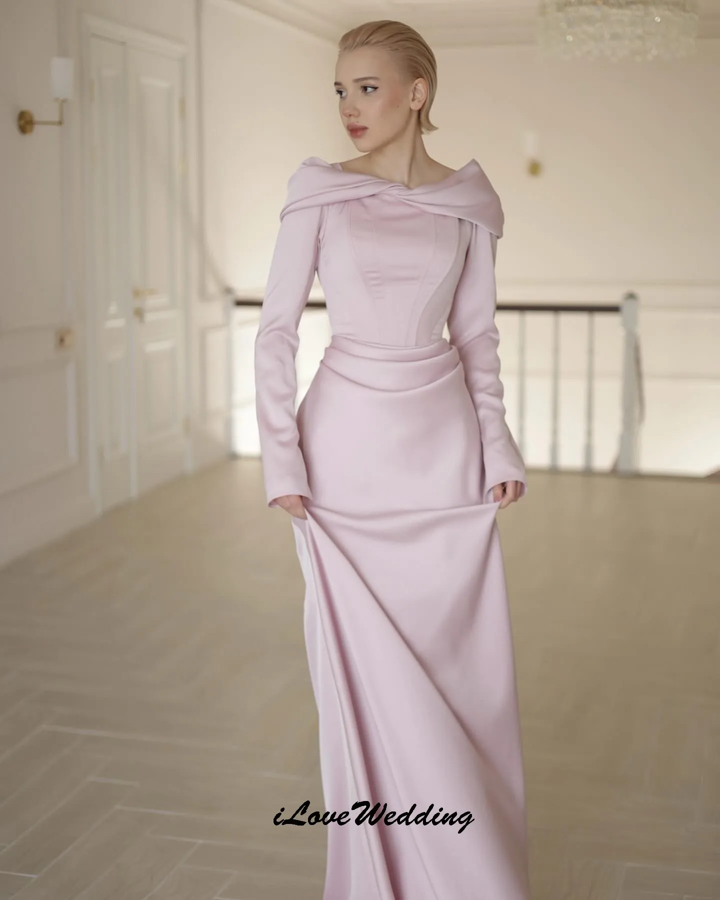 

Pink Elegant Women Evening Dress 2025 Satin Long Sleeve Woman Party Dress Pleats Floor Length Formal Gowns For Woman Customized