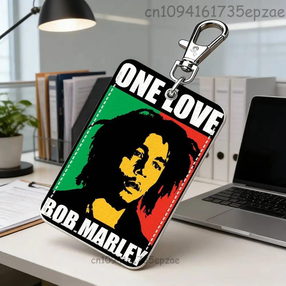 B-Bob M-Marley One Love One Heart プレミアムPUレザーカードホルダーケース、メタルカラビナ付き、日常使用向けのカスタマイズ可能なデザイン