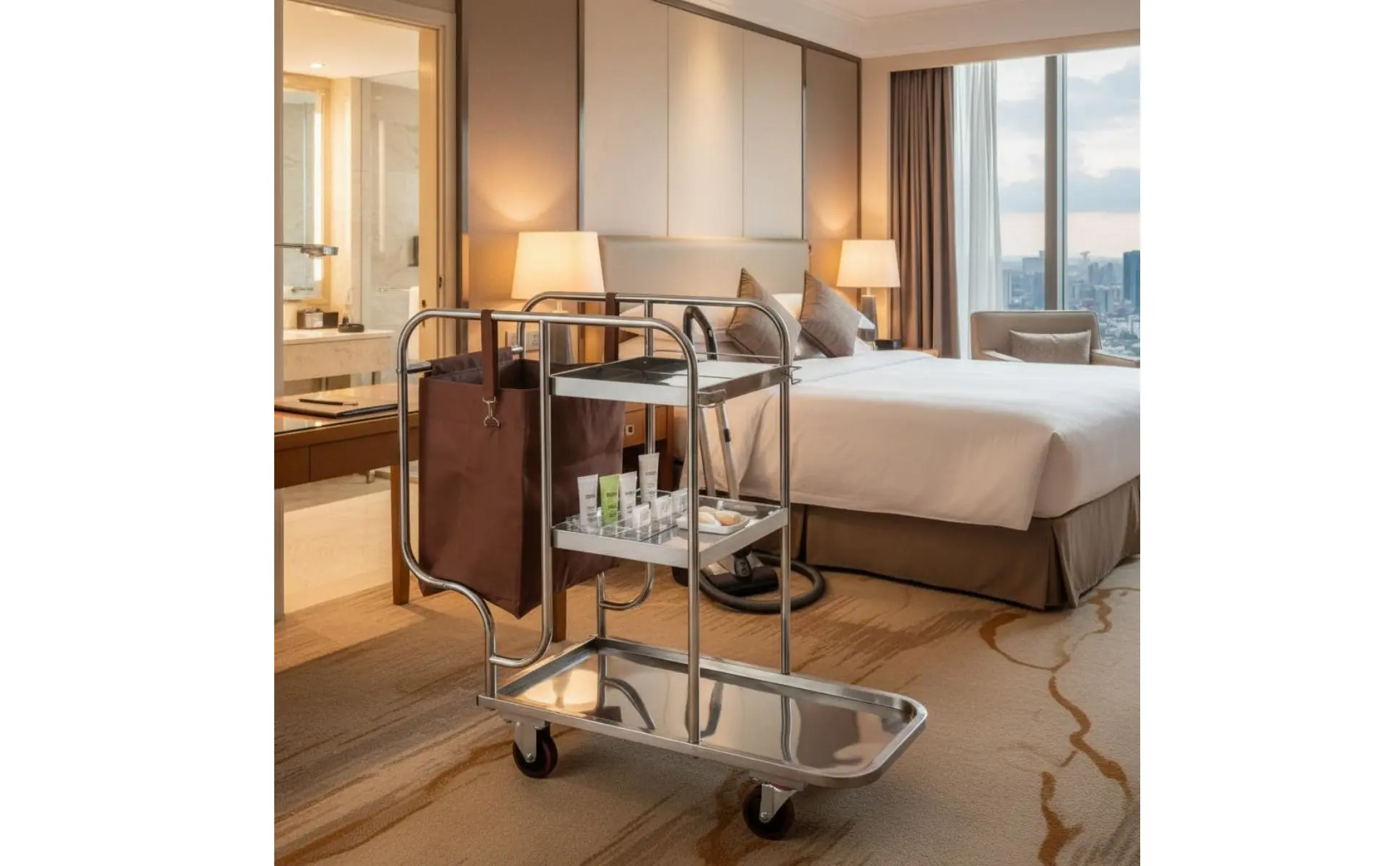 Stainless Steel Janitorial Cart Sturdy Duty Business Cleaning Pushcart Utility Cart with Wheels Large Capacity for Housekeepers