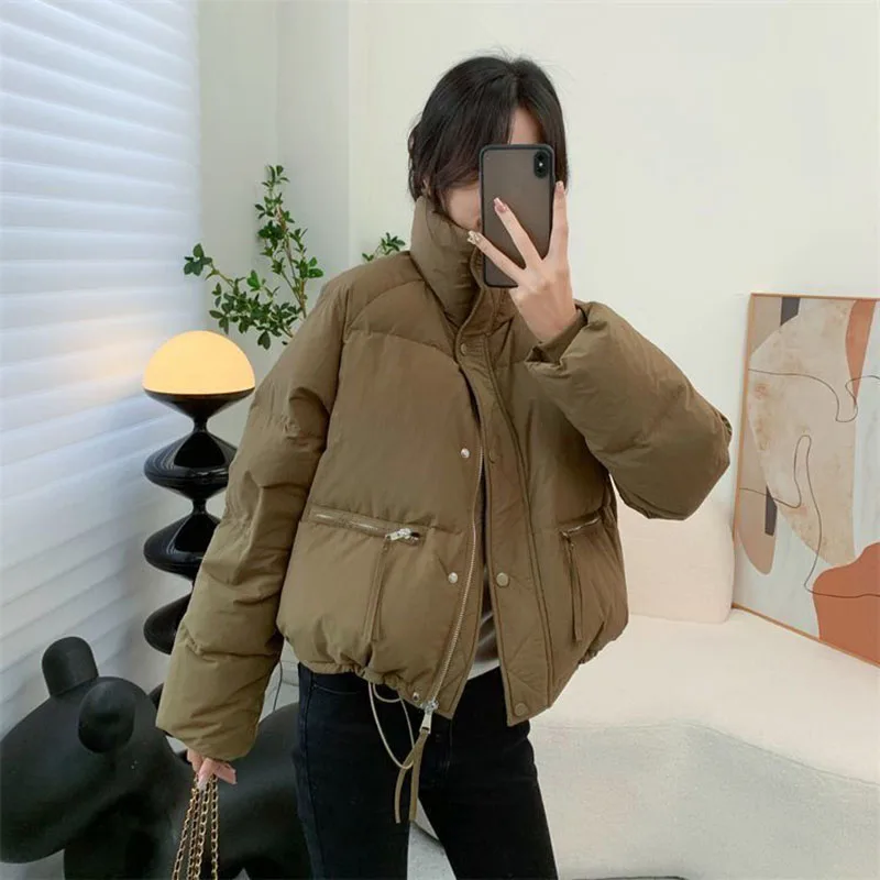 High Quality Standing Neck Parkas Woman Winter Korean Zipper Pocket Outerwear Femme All-Match Thicken Warm Solid Coats Ladies