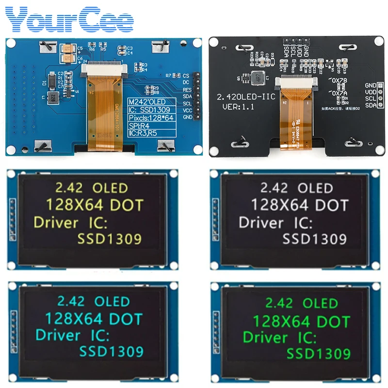 2.42 inch OLED LCD Screen Display Module 2.42” SSD1309 Driver 128*64 128x64 3.3V-5V I2C IIC/SPI 4Pin/7Pin Yellow Blue White