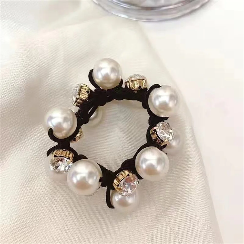 Elegant Pearl Hair Ring for Women Black Velvet Pearl Intestine Headwear Glitter Rhinestone for Girl Hair Accessories