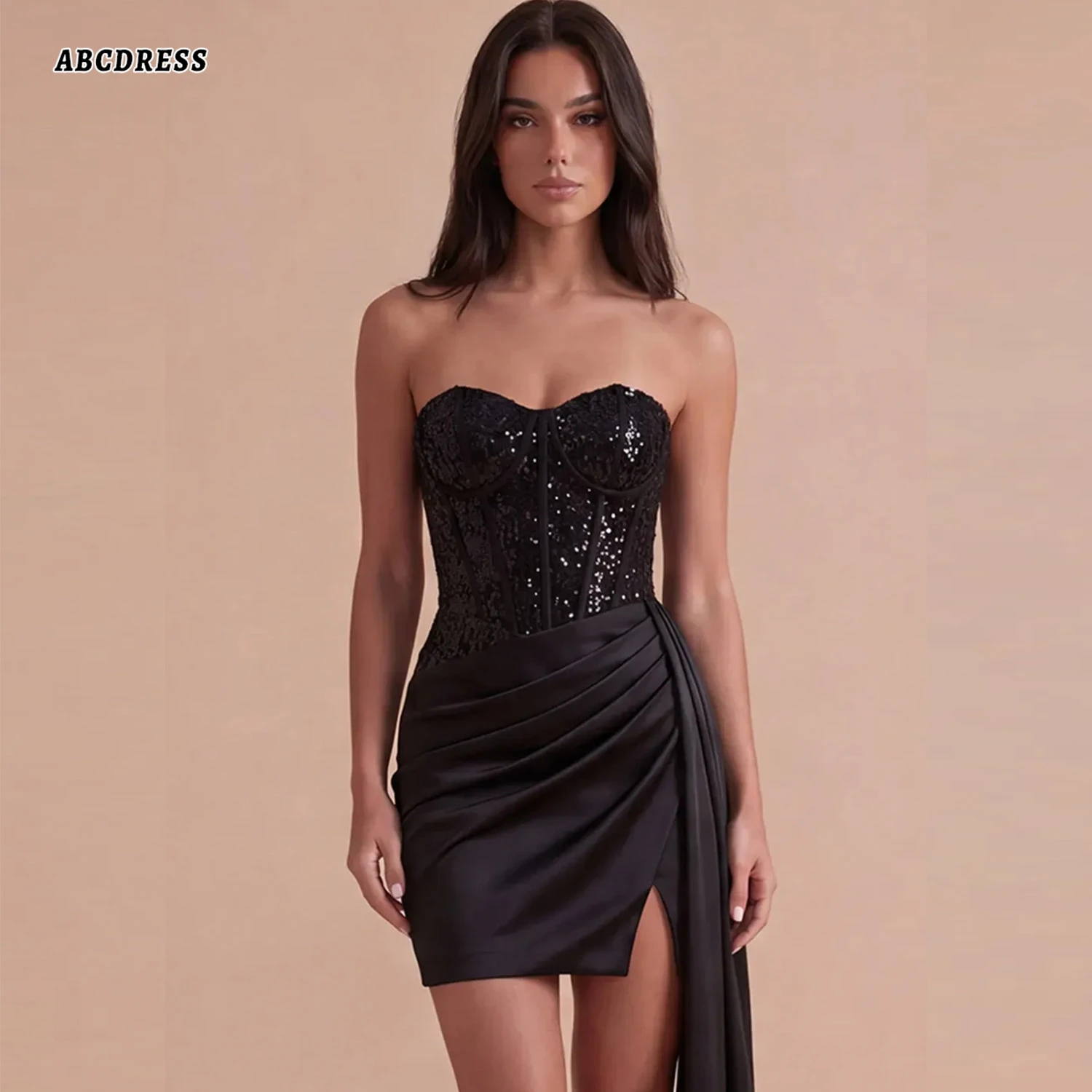 Customized Black Sparkly Sequin Short Homecoming Dress Sweetheart Corset Mini Cocktail Dress Satin Ruched Side Slit Prom Dress