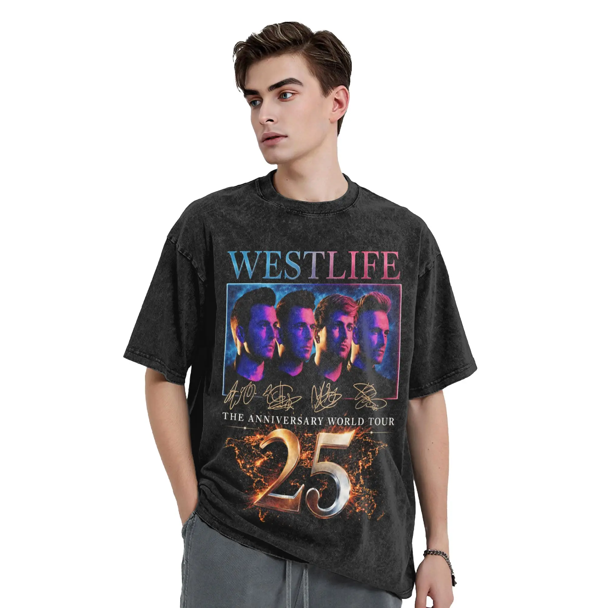 Westlife 25th Anniversary Tour 2026 Men T Shirts Washed Awesome Tee Shirt Short Sleeve Crewneck T-Shirts Cotton Printing Clothes