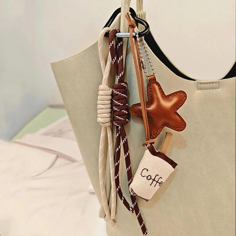 Kawaii Cartoon Linen Embroidery Coffee Bread Keychain Leather Heart Pendant Bag Charm Car Keychain Couples Bag Pendant Accessori