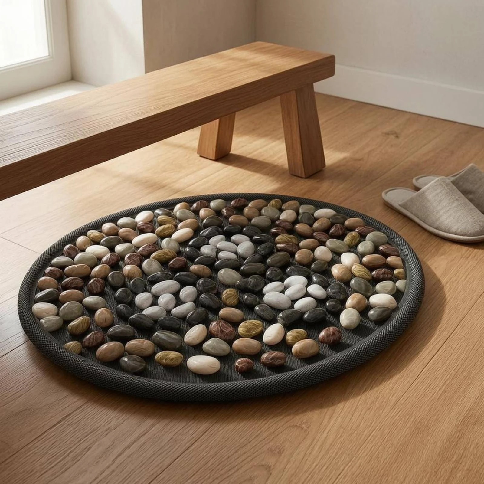 Stone Foot Mat Black Edged Border Pebble Foot Massage Mat Rock Massage Pad Circulation for Indoor