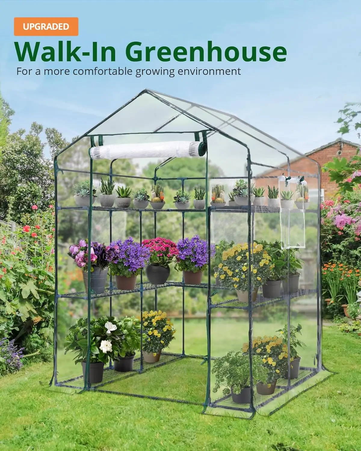 

Upgraded Walk-in Greenhouse for Outdoors, Thickened PE Cover & Heavy Duty Powder-Coated Steel, w/ Zippered Mesh Door & Screen