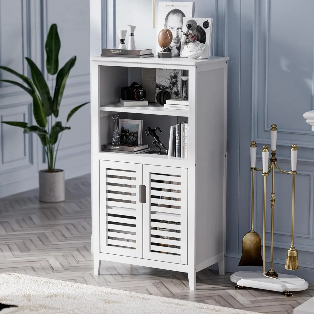 

White Bathroom Cabinet, Side Tall Storage Organizer for Kitchen Living Room Entryway, Bamboo Storage Cabinet Freestanding