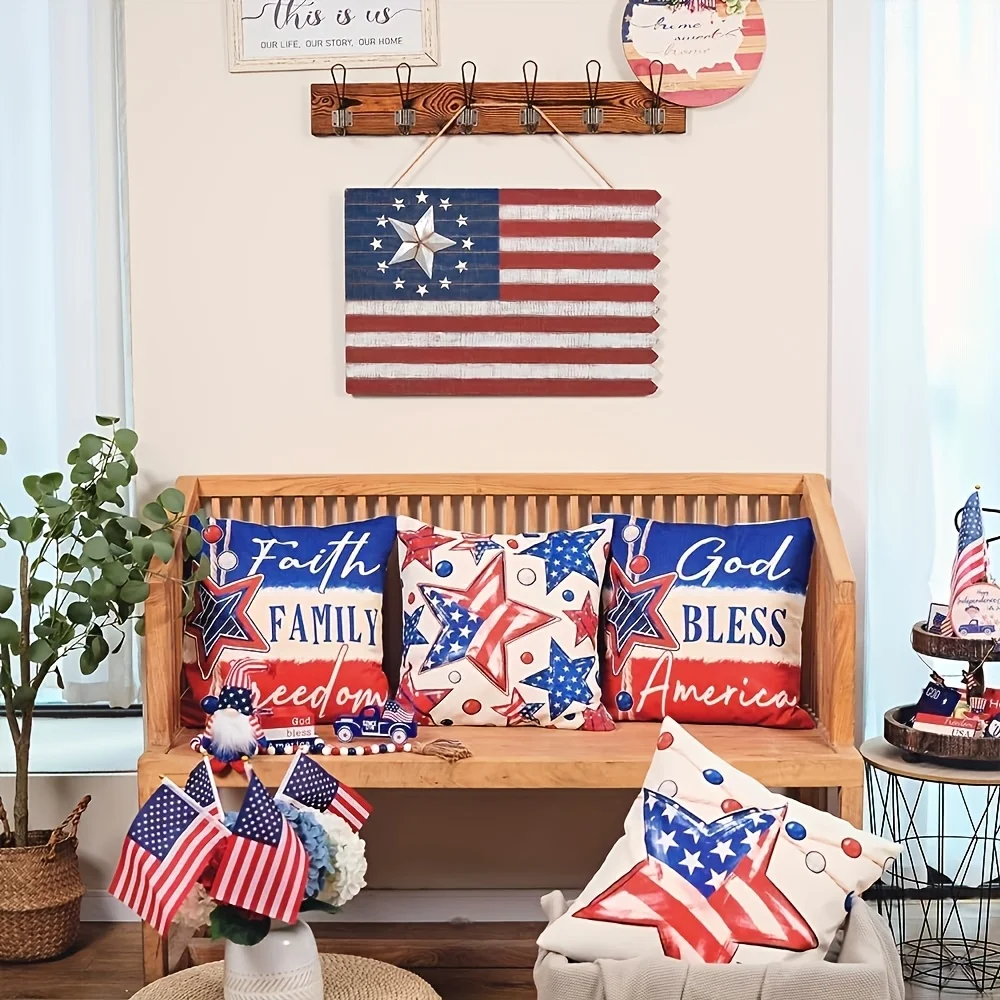 4Pcs Double‑Sided American Flag Star Pillow Covers, Zipper Cushion Cases for Independence Day Memorial Day