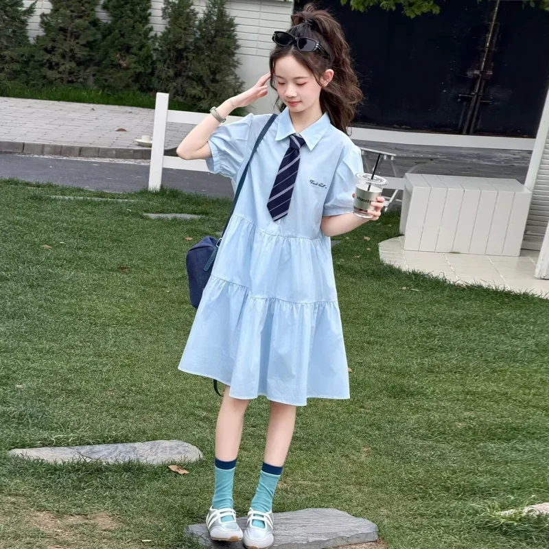 Girls' Summer Dress College StyleJKTie-dye dress for older children with puff sleeves, student summer mid-length dress