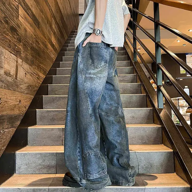 

Ripped Loose Men's Jeans High Street Design Sensation American Retro Trendy Brand Floor-Length Wide Leg Dad Pants