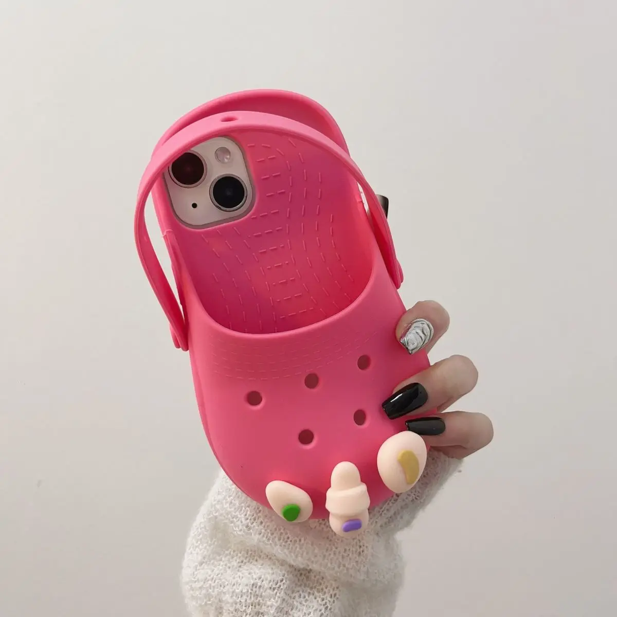Phone Case For iPhone 15 14 13 12 Pro Max INS Creative  Funny DIY 3D Hole Shoes Slipper Shape Soft Protective Cover With Lanyard view 5