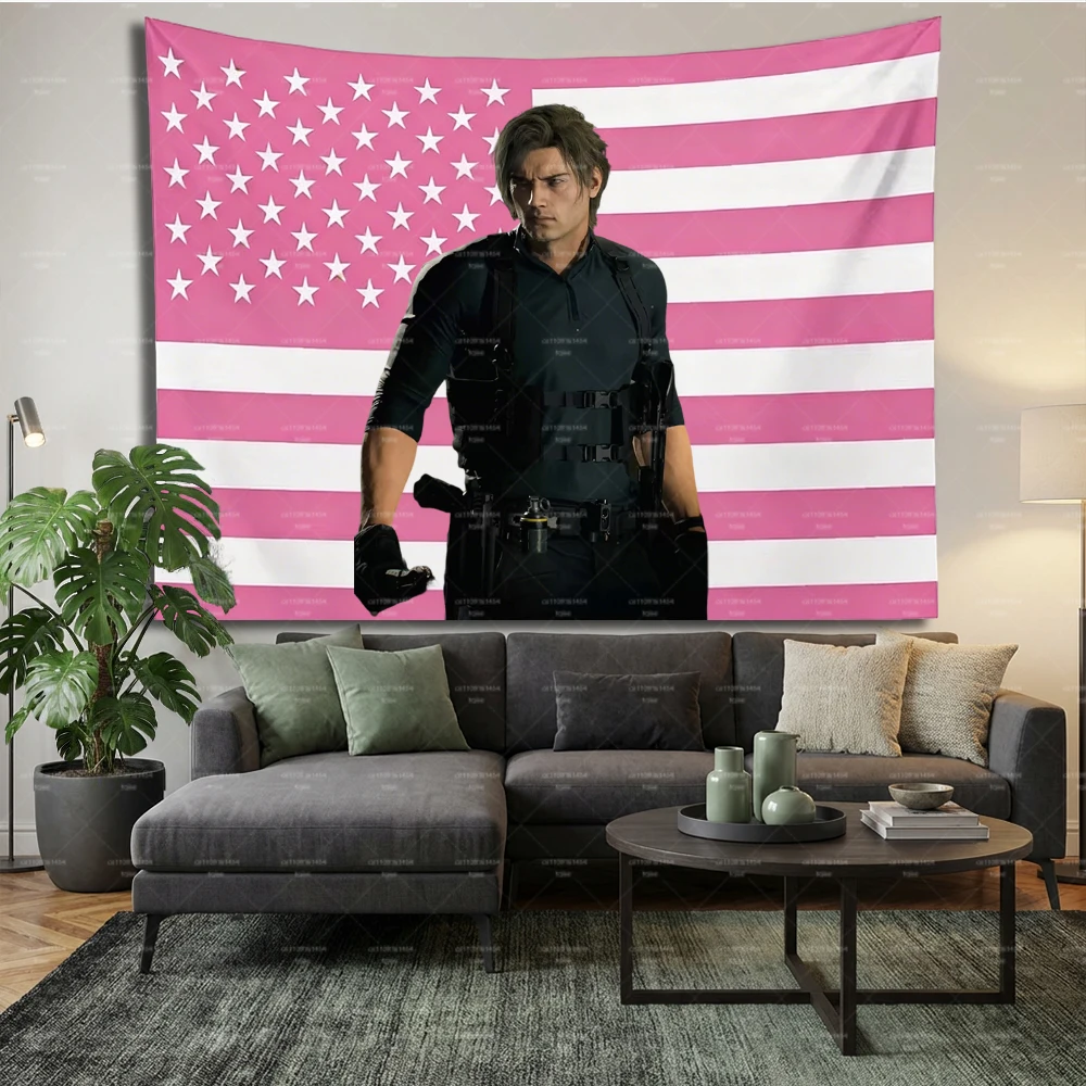 R-Resident E-Evil Leon Kennedy Pink US Flag Large Tapestry, Wall Tapestry for Bedroom Dorm Decor, Gift for RE Fans