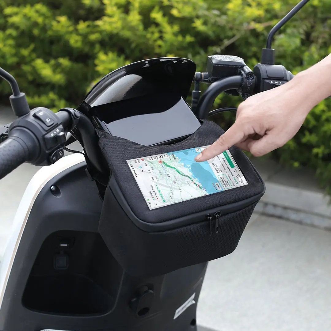 Horizontal screen front bag for electric vehicles, universal waterproof zipper motorcycle front bag, dashboard handlebar scooter bicycle phone navigation storage bag