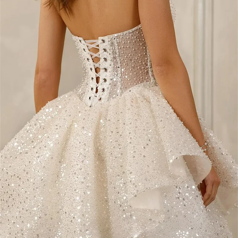 Robe de soirée courte sans bretelles, paillettes, perles, chérie, à plusieurs niveaux, en Tulle, robe de Cocktail, ligne a, robe de soirée