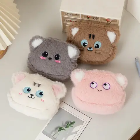 여아용 모피 만화 동전 파우치, 달콤한 자수 동물 새끼 고양이 이어폰 가방, 휴대용 미니 물건 보관 가방, 1 개