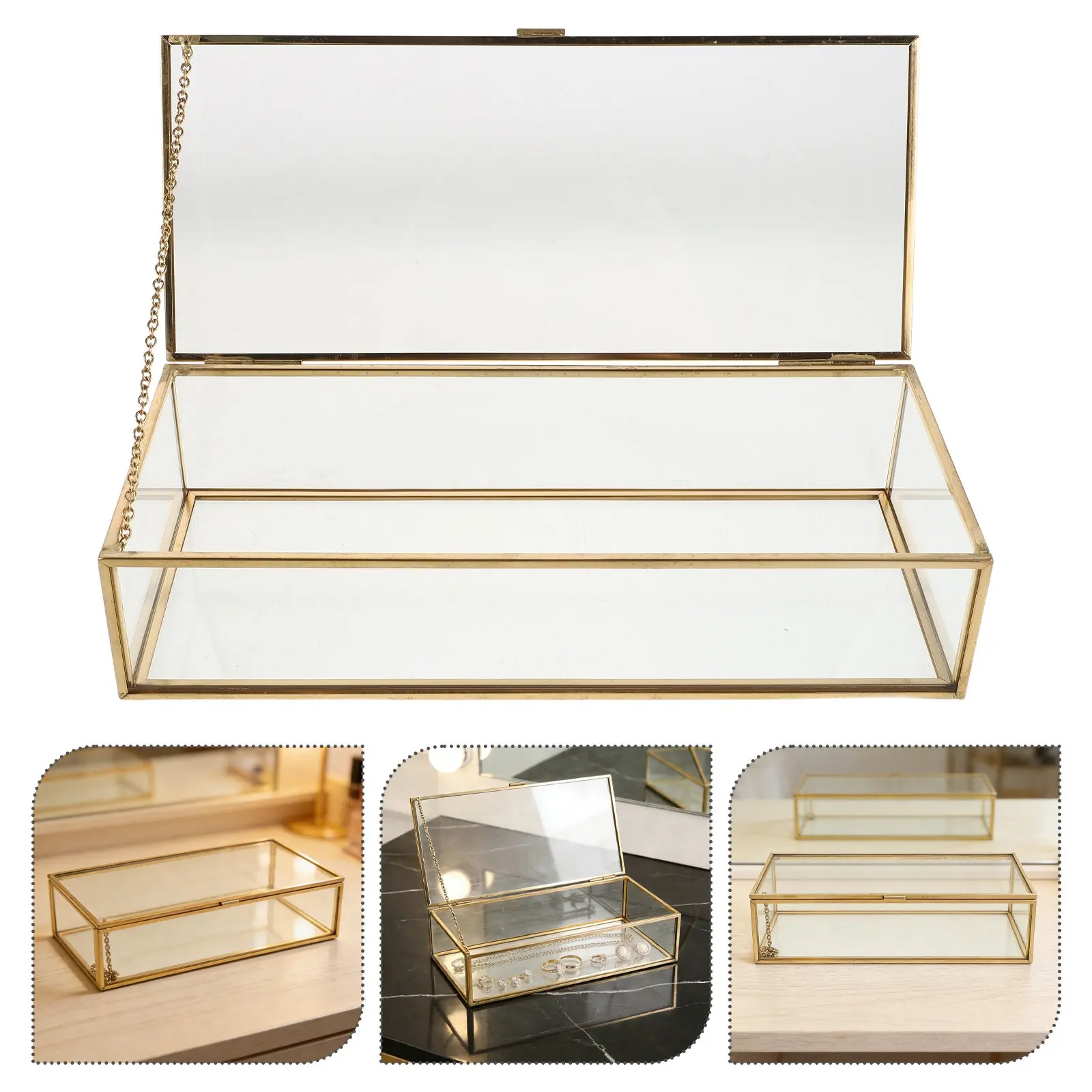 

Clear Glass Vintage Jewelry Box 9.2x4x2 Inch Rectangular Lidded Display Case Beautiful Jewelry Organizer for Bedroom Living Room