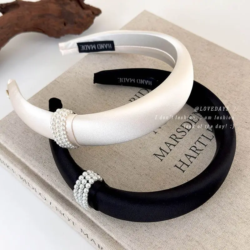 

2026 New Luxury Pearl Headband Women Black Satin Elegant Wide Hair Accessory Fashion Must Have Non Slip Daily Party Versatile