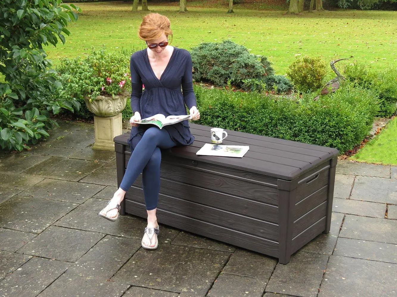 Grey 120 Gallon Resin Outdoor Deck Storage Box, Weatherproof Patio Organizer for Outdoor Cushions Garden Tools Pool Accessories