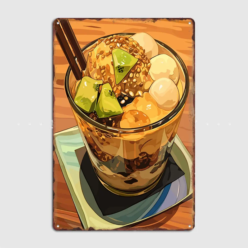 Póster de postre japonés Parfait con kiwi y mochi, cartel metálico, decoración personalizada para habitación, decoración del hogar, decoración de pared interior