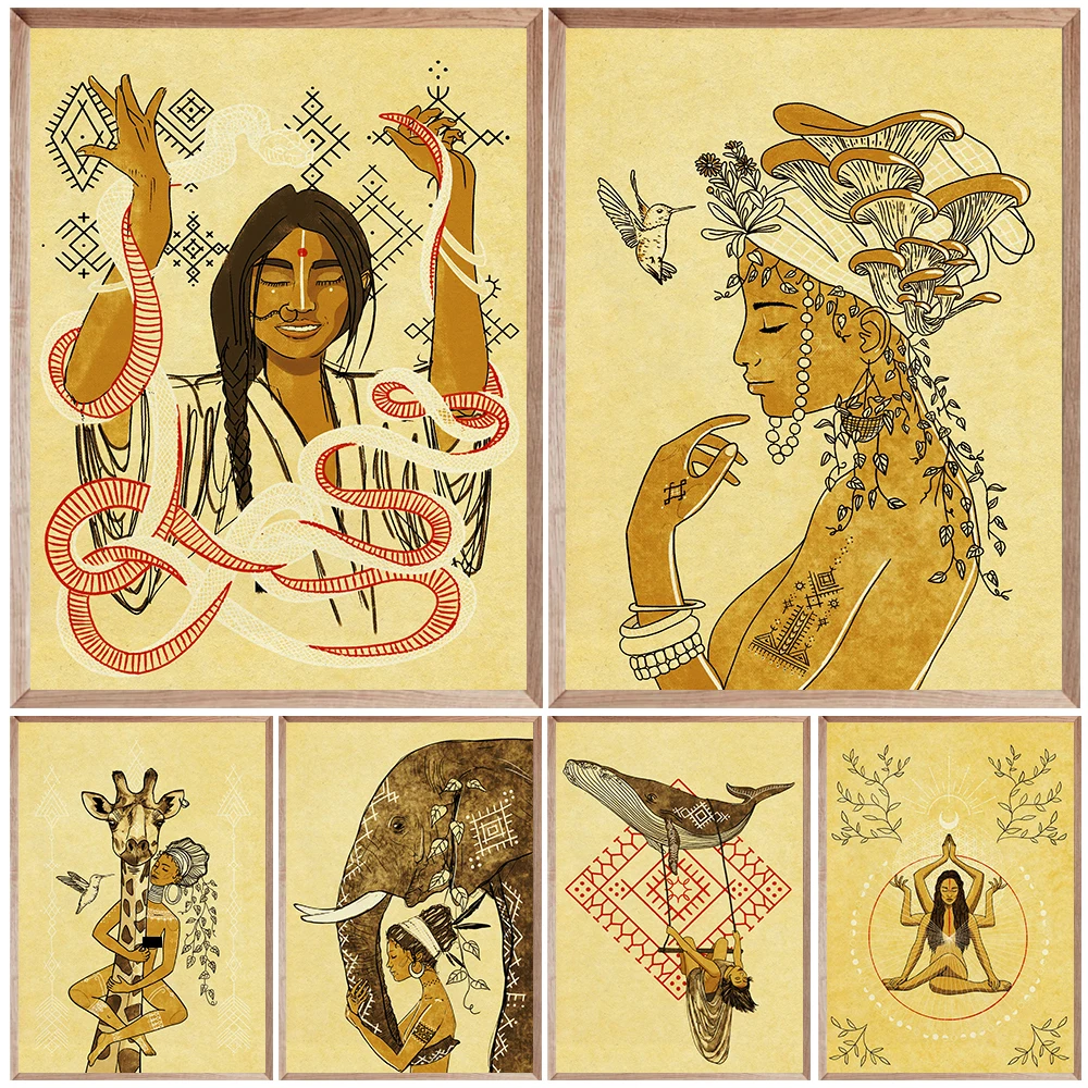 

African And Indian Woman Art, Vintage Wall Art Canvas Painting, Shamanic&Sacred Feminine Boho,Spiritual Art , Poster Print Decor