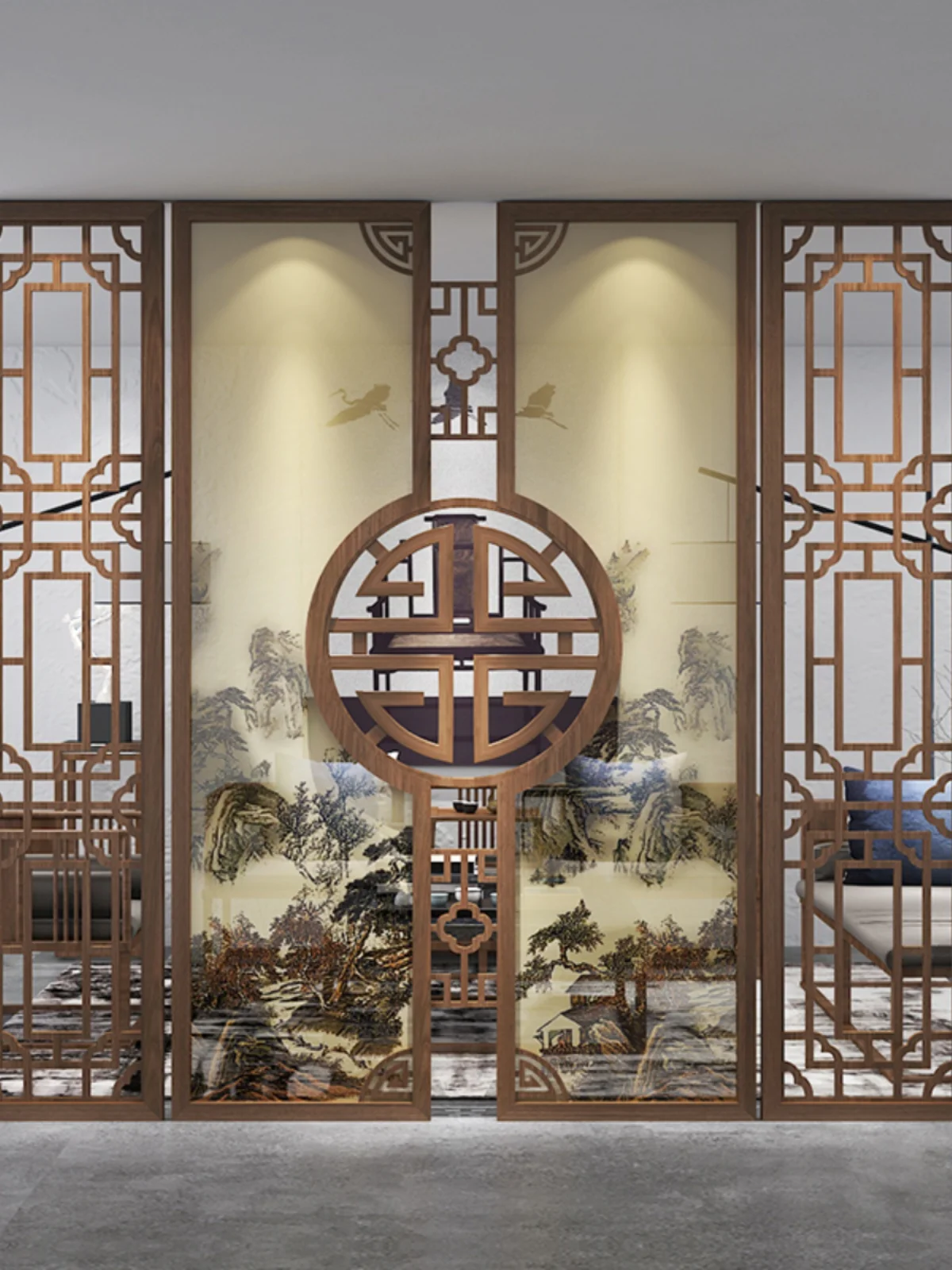 Solid wood new Chinese style screen partition modern living room entrance foyer bedroom home carved grid fence minimalist seat