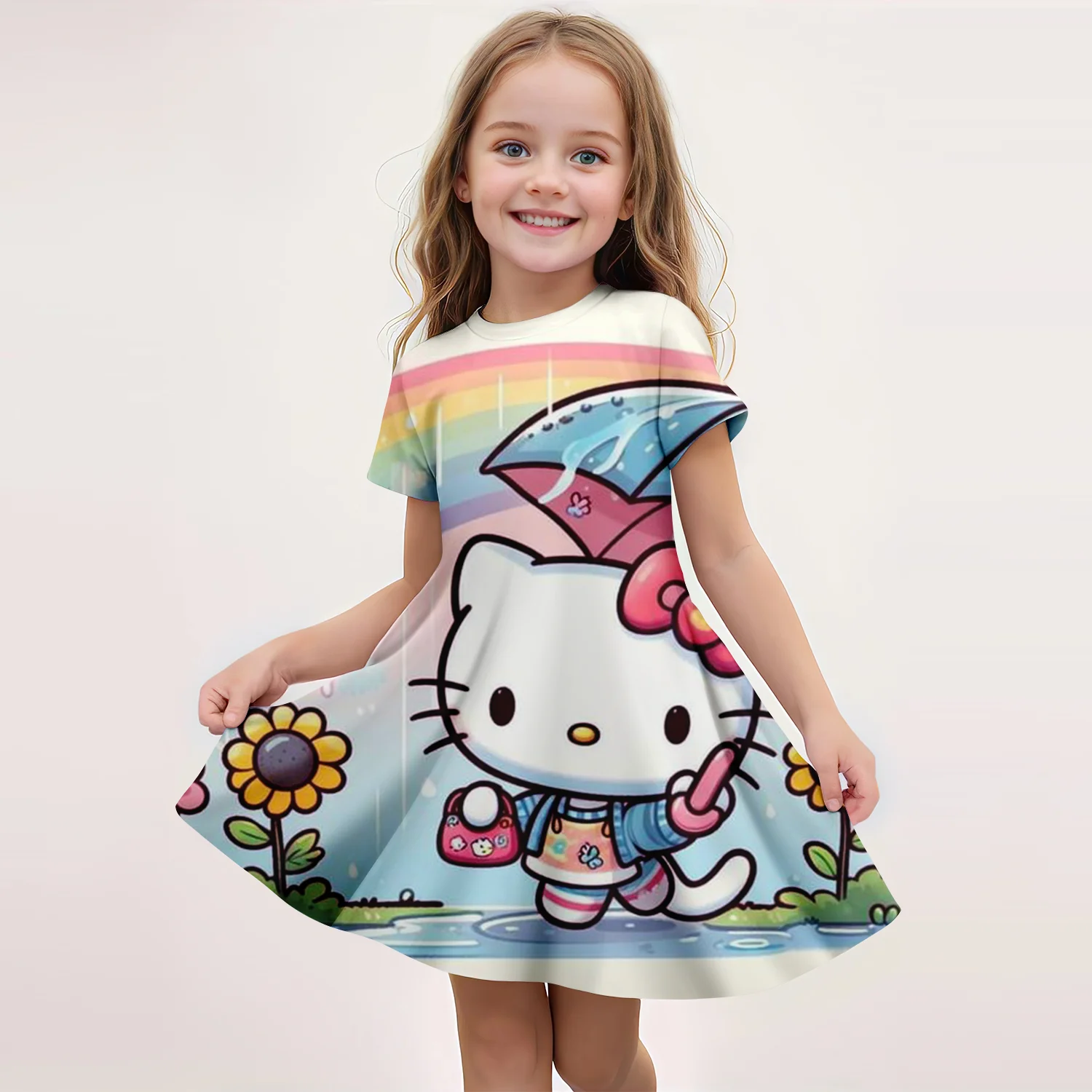 MINISO New Girls Summer Dress Fashion Cartoon Cute Hello Kitty & Friend 3D Print Dresses Girls Short Sleeve Princess Clothing