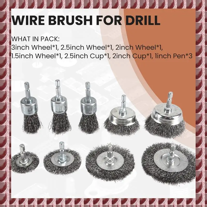 

A95G 9PC Coarse Crimped Wire Wheel Cup Pen Brush Set For Drill,Carbon Steel Wire Brush With Hex Shank For Removing Paint