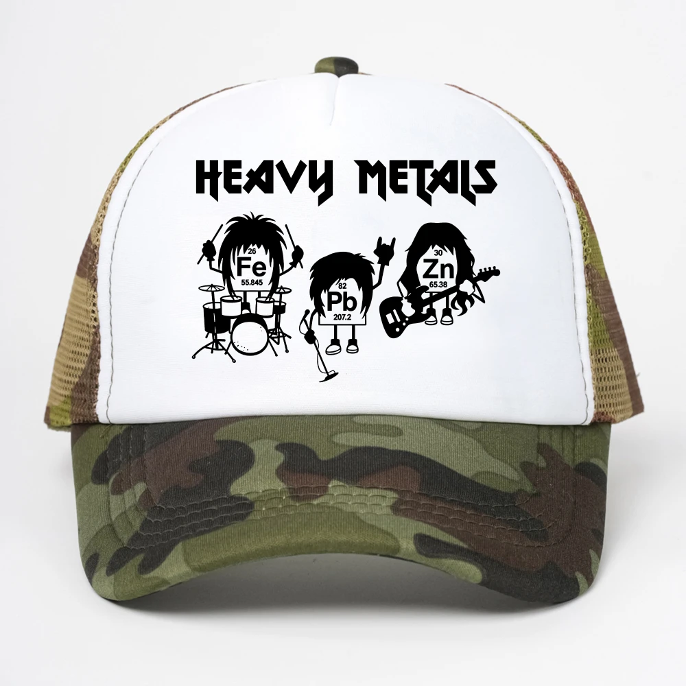 Heavy Metals Chemistry Periodic Table Rock Roll Music Physics Biology baseball cap fashion Vintage Casual sun hat mesh hats